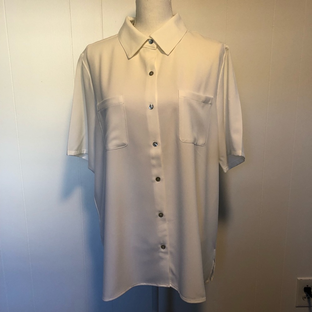 Susan Graver Cream Short Sleeve Button Down Shirt